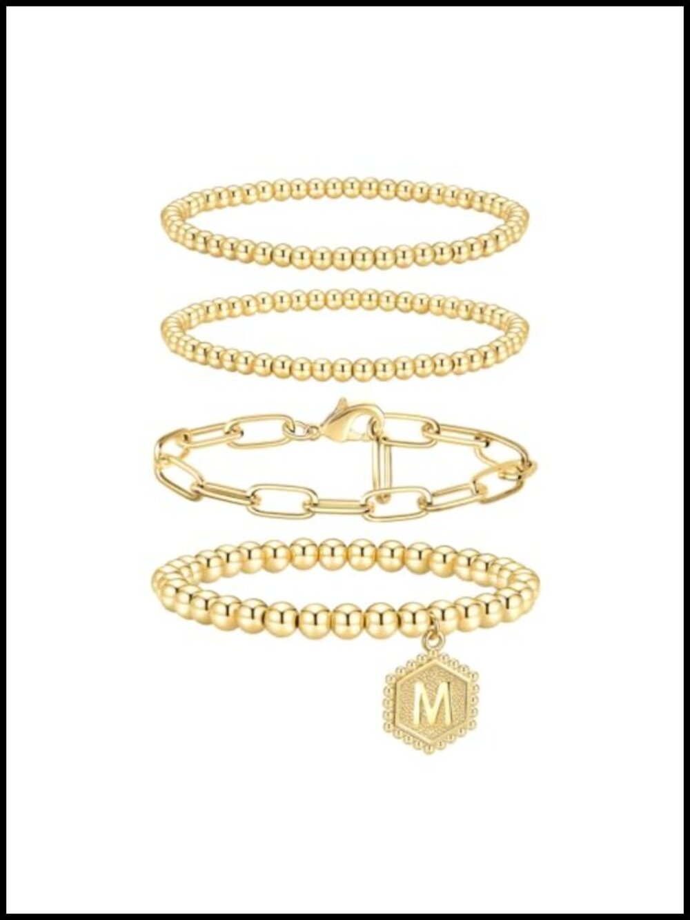 14K Gold Plated Stretch Beaded Bracelet Stack with Initial Charm for Women